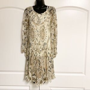 Boho Ambre Babzoe Paris 2 Pc Silk Neutral Beige Cream Paisley Dress Sheer 36 XS